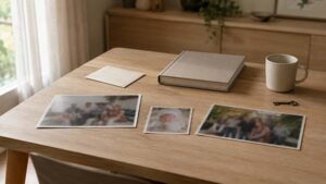 Figlio dell’unione, origine e appartenenza familiare Tre fotografie di famiglia su un tavolo rappresentano il figlio dell’unione tra origine, appartenenza e storia familiare